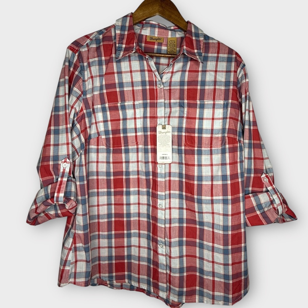 NWT Wrangler Red Plaid Button Up Long Roll Up Sleeves Cowgirl Country Western XL